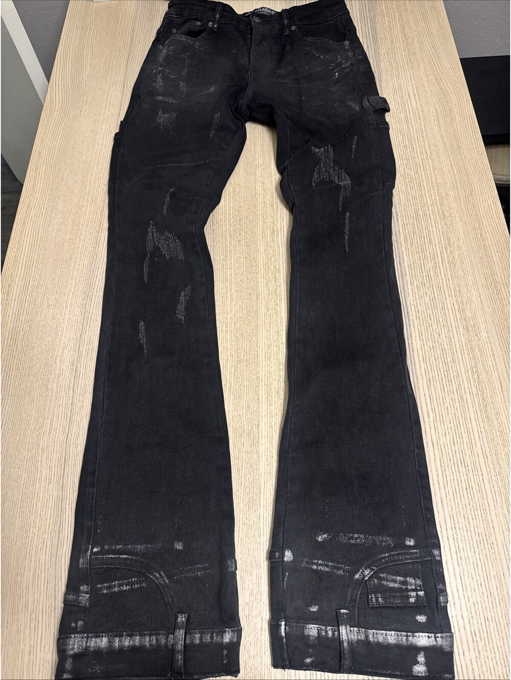Valabasas Black Stacked Jeans Mens Size 30 Distressed Carpenter Waxed Denim